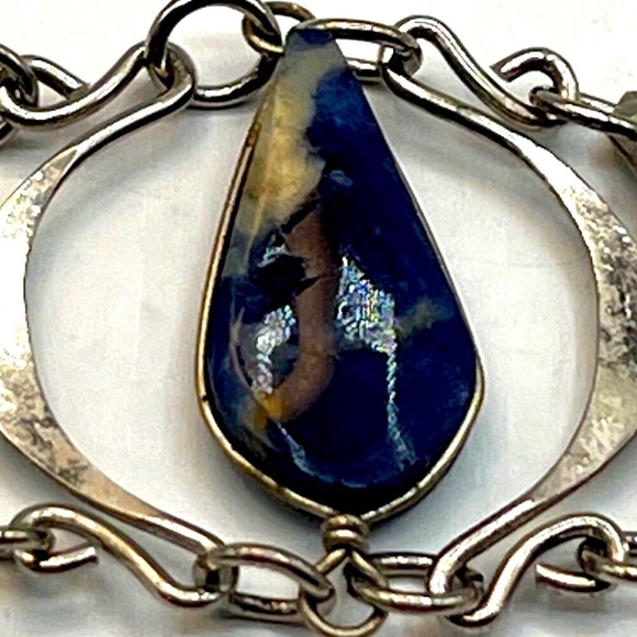 Vintage Mexican Alpaca Silver Bracelet With Genuine Lapis Drop Pendant - Picture 4 of 7